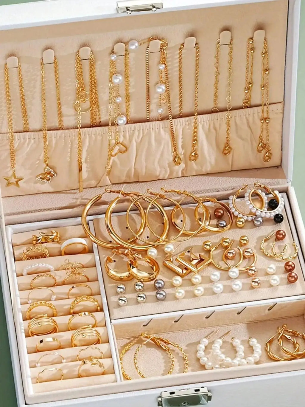 Conjunto de 86 peças elegantes de brincos de pérola, colar multicamadas, brincos de pino e anéis, conjunto de joias 4 em 1 para mulheres, uso diário, presente (sem caixa)