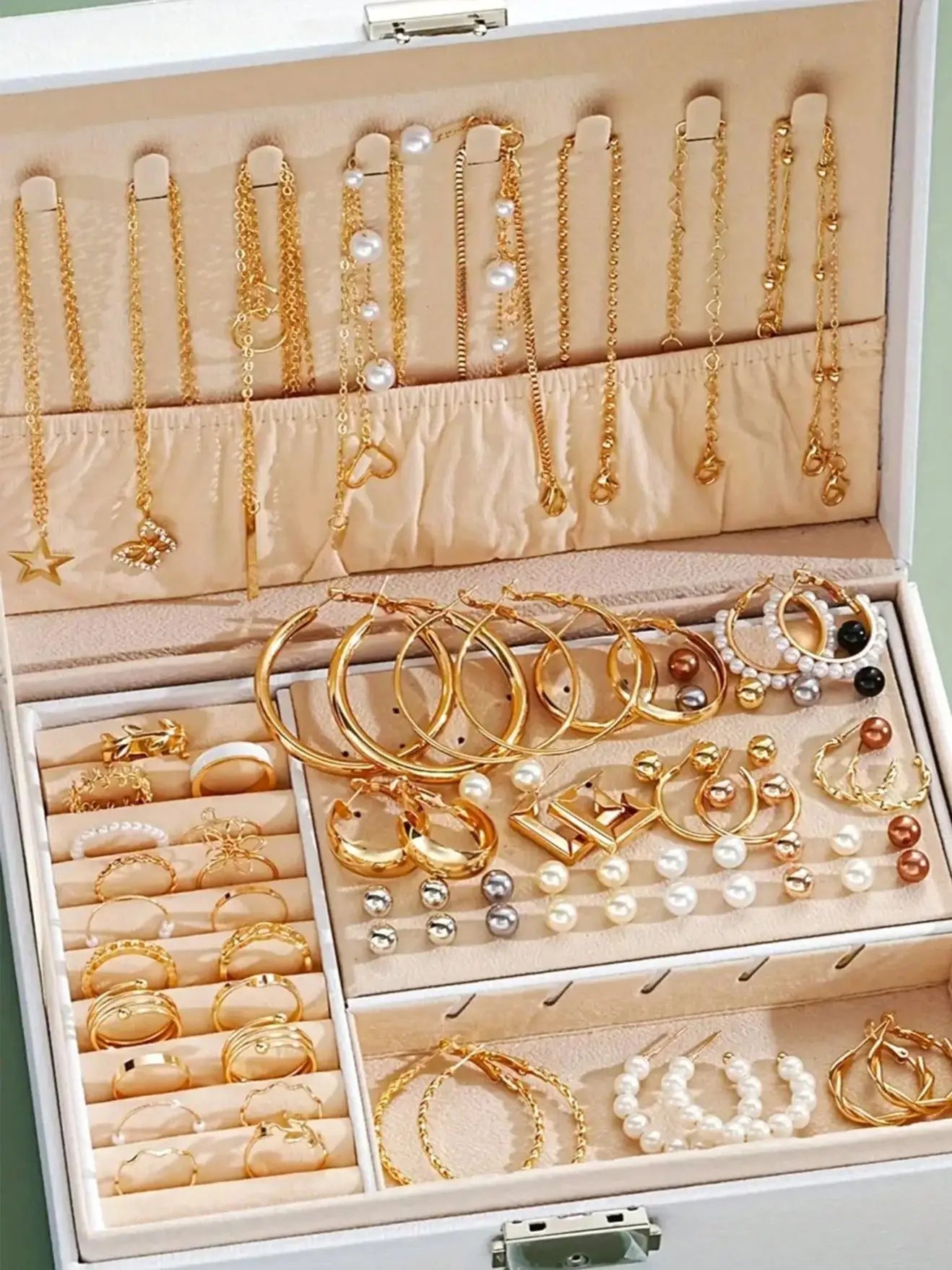 Conjunto de 86 peças elegantes de brincos de pérola, colar multicamadas, brincos de pino e anéis, conjunto de joias 4 em 1 para mulheres, uso diário, presente (sem caixa)