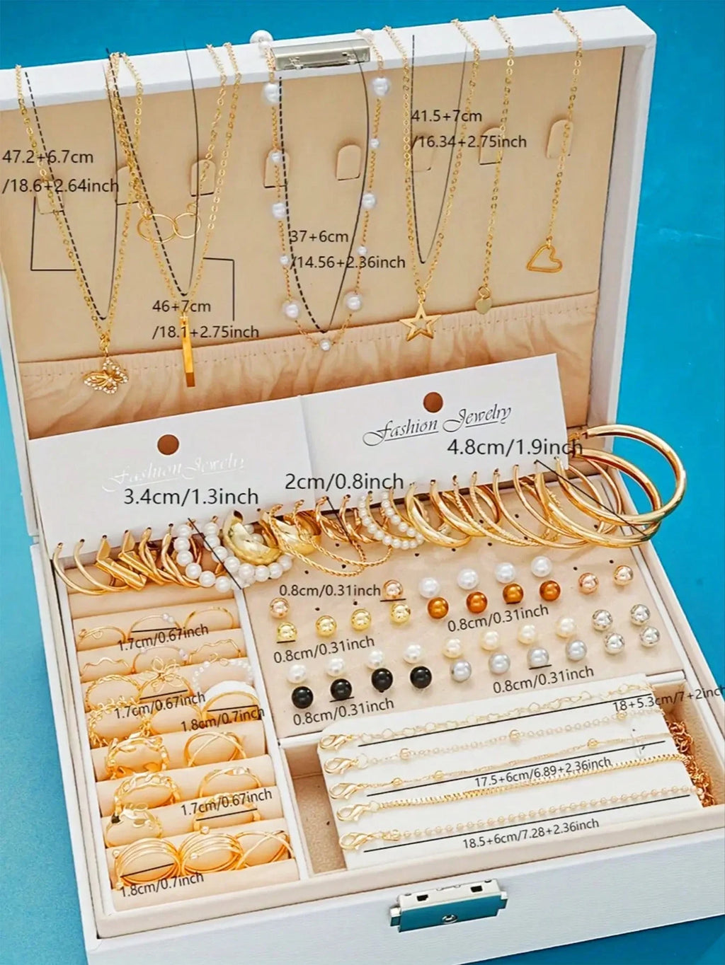 Conjunto de 86 peças elegantes de brincos de pérola, colar multicamadas, brincos de pino e anéis, conjunto de joias 4 em 1 para mulheres, uso diário, presente (sem caixa)